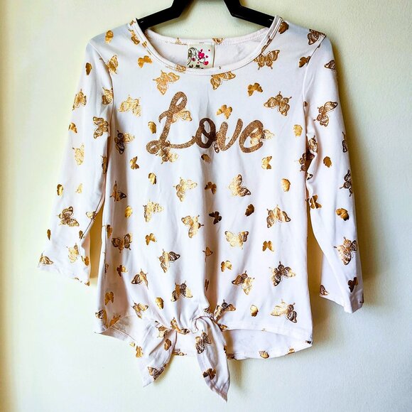 Jenna & Jessie LILY BLEU Big Girls Love Tie Front Gold Butterflies Top in Ivory - Picture 9 of 13